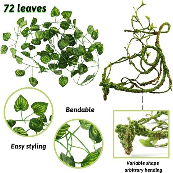 Reptile Plants, Terrarium Hanging Plant Vines Artificial Leaves Reptile Hide, - Picture 4 of 8